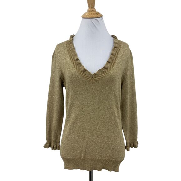 Chaps Metallic Shimmer Sweater Womens Ruffle V Neck 3/4 Sleeve Pullover Blouson - Picture 1 of 10